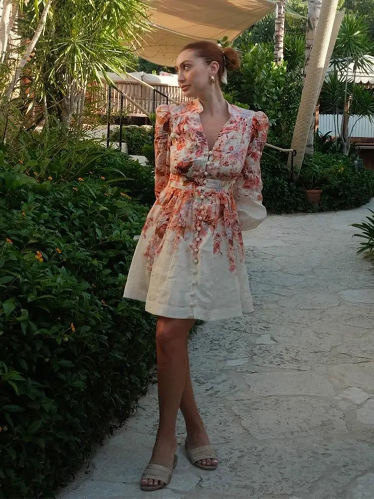 Women Elegant Printed V Neck Mini Dress Female Long Sleeve High Waist A-line Bodycorn Vestidos Spring Lady Party Club Robes