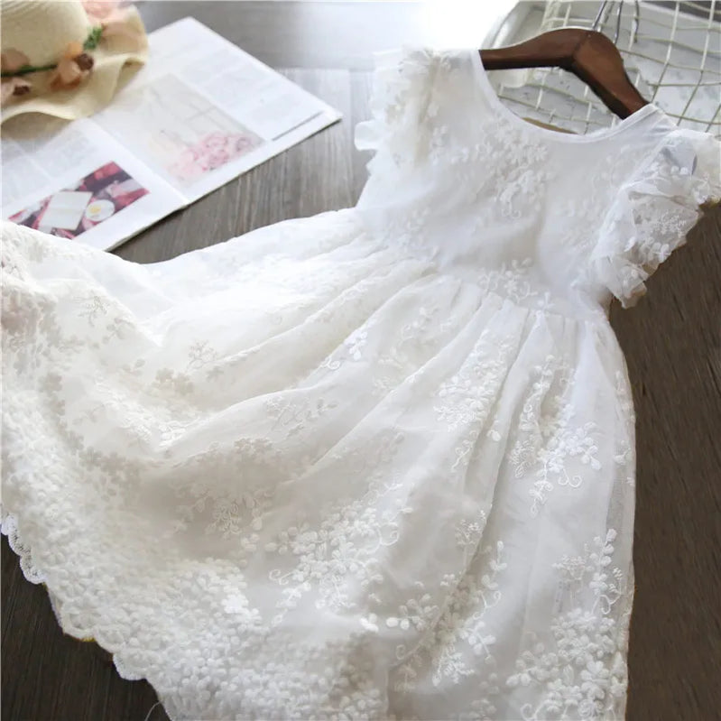 Elegant Flower Girls Dress Wedding Party Princess Dress Casual Kids Clothes Lace Long Sleeves Dress Children's Vestidos For 3-8T 622 white
