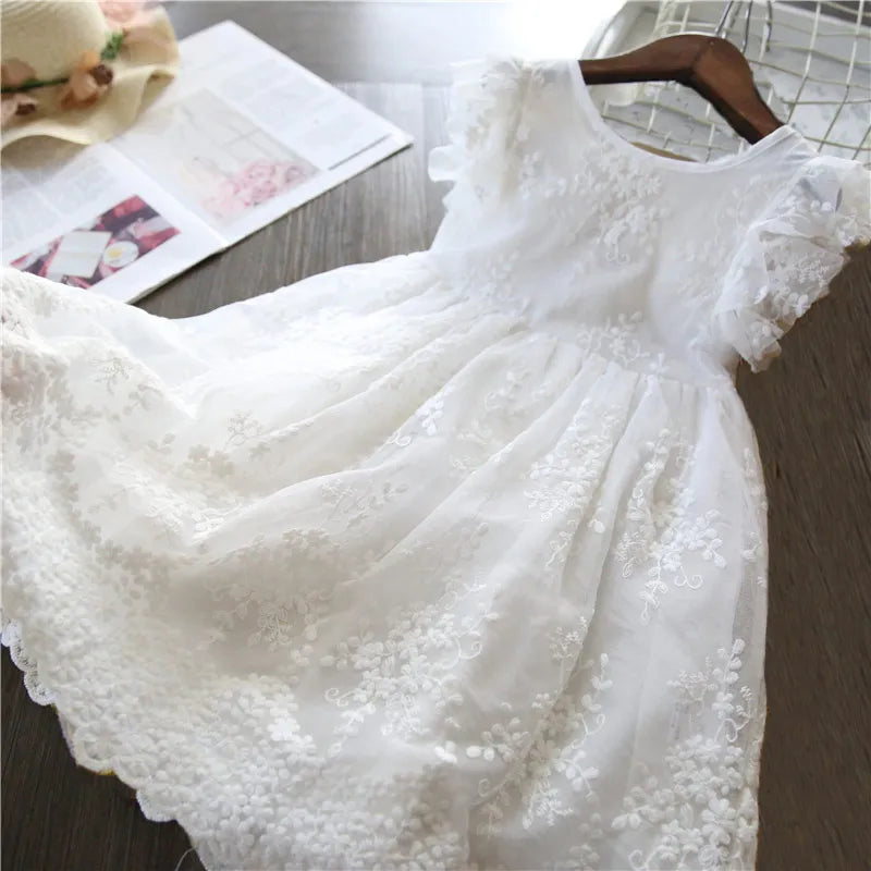 Elegant Flower Girls Dress Wedding Party Princess Dress Casual Kids Clothes Lace Long Sleeves Dress Children's Vestidos For 3-8T 622 white