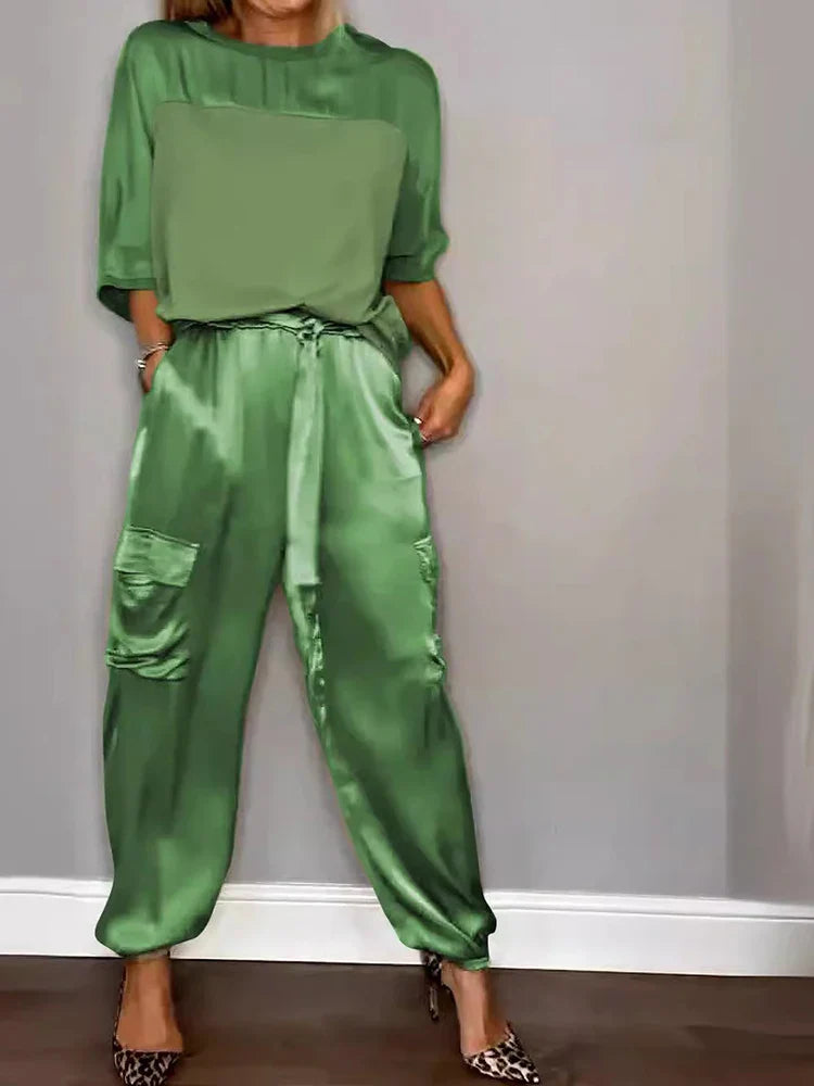 Fashion Solid Color Satin Two Piece Set Women Round Neck New Spring Summer Top Long Pants Casual Loose Two Piece Set Green