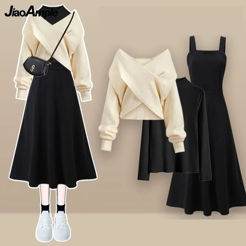 Autumn/Winter New Korean Elegant Matching Set Women's Fashion Cross Knit Sweater+Bottom Shirt+Strap Dress Three Piece Suit