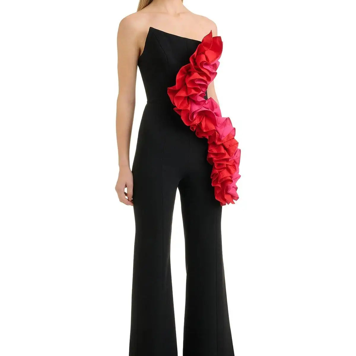 Top Black Women Sexy Off the Shoulder Ruffles Straight Bandage Jumpsuit Fashion Celebrate Evening Party Wear