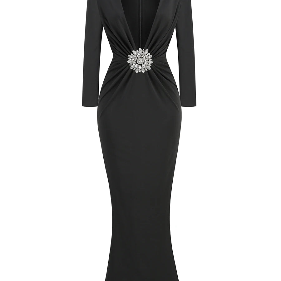 VC Black Maxi Dresses Women Sexy Deep V Neck Long Sleeves Gowns Runway Party Wear 2024 Spring New Fashion