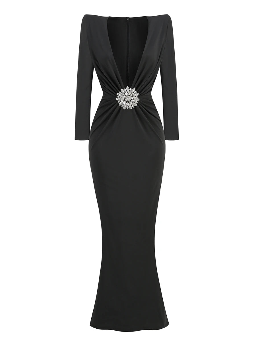 VC Black Maxi Dresses Women Sexy Deep V Neck Long Sleeves Gowns Runway Party Wear 2024 Spring New Fashion