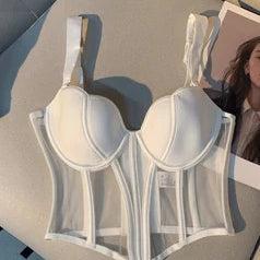 Women's Chic Mesh Fishbone Camisole Inner Wear Outer Wear Corset Crop Top Waist-Tight Sexy Bra White Black 2023 WHITE