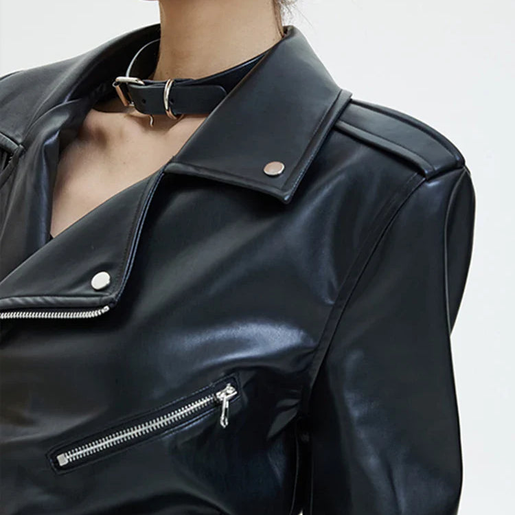 Spring Autumn Cool Handsome Black Soft Pu Leather Jacket Women Shoulder Pads Long Sleeve Runway European Fashion 2024