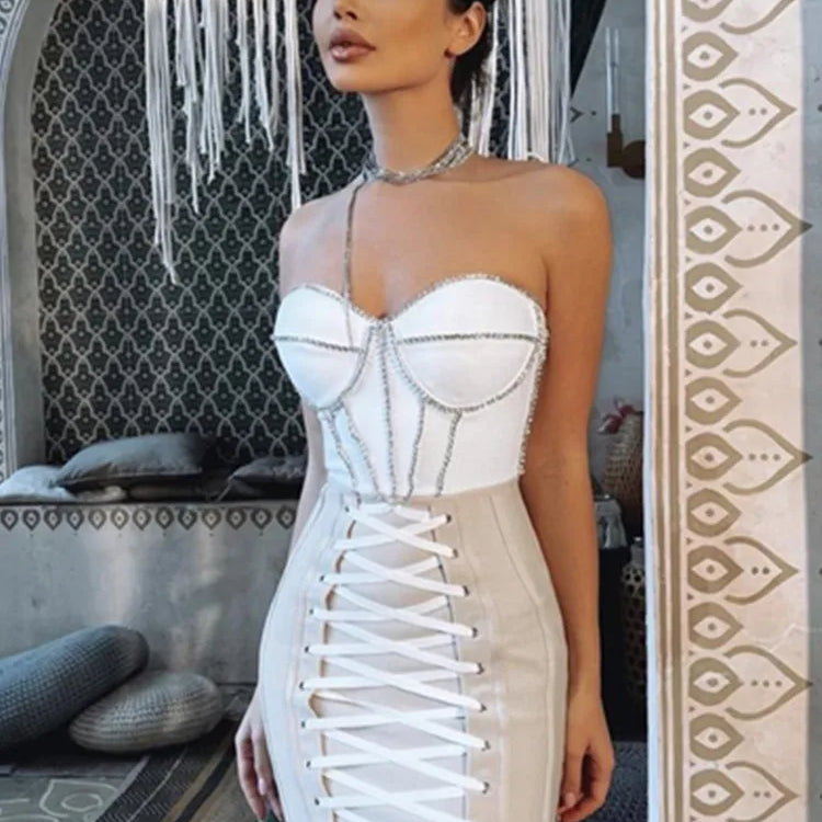 Women Luxury Sexy Strapless Backless Crystal Sparkly Beige Pink Mini Bodycon Bandage Dress 2022 Elegant Evening Club Party Dress