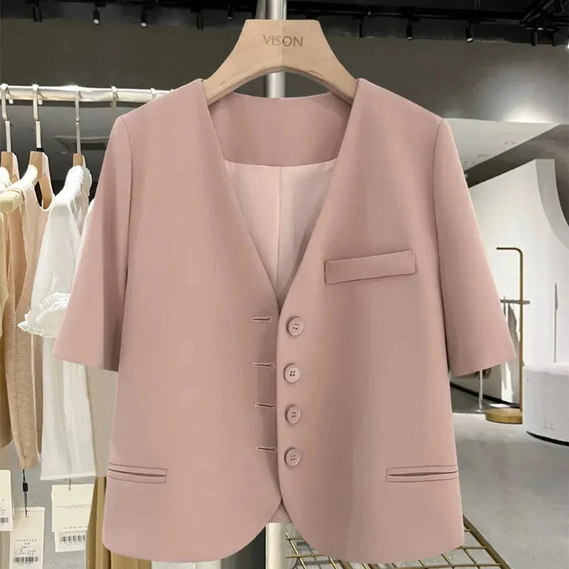 Lucyever Summer Shorts Sleeve Women's Jacket Korean Fashion Notched Neck Office Work Blazer for Women Casual Simple Suit Jackets Pink