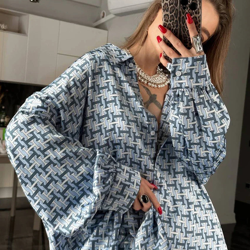 Clacive Fashion Loose Print 2 Piece Sets Women Outfit Elegant Long Sleeve Shirt With High Waist Wide Pants Set Streetwear