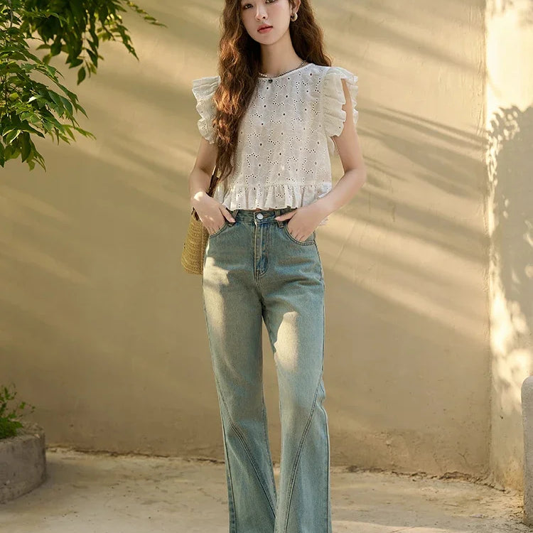 Flare Jeans for Women Retro Denim Blue Fashion Basic Straight High Waist Pockets Woman Full Length Pants MXC38K0108