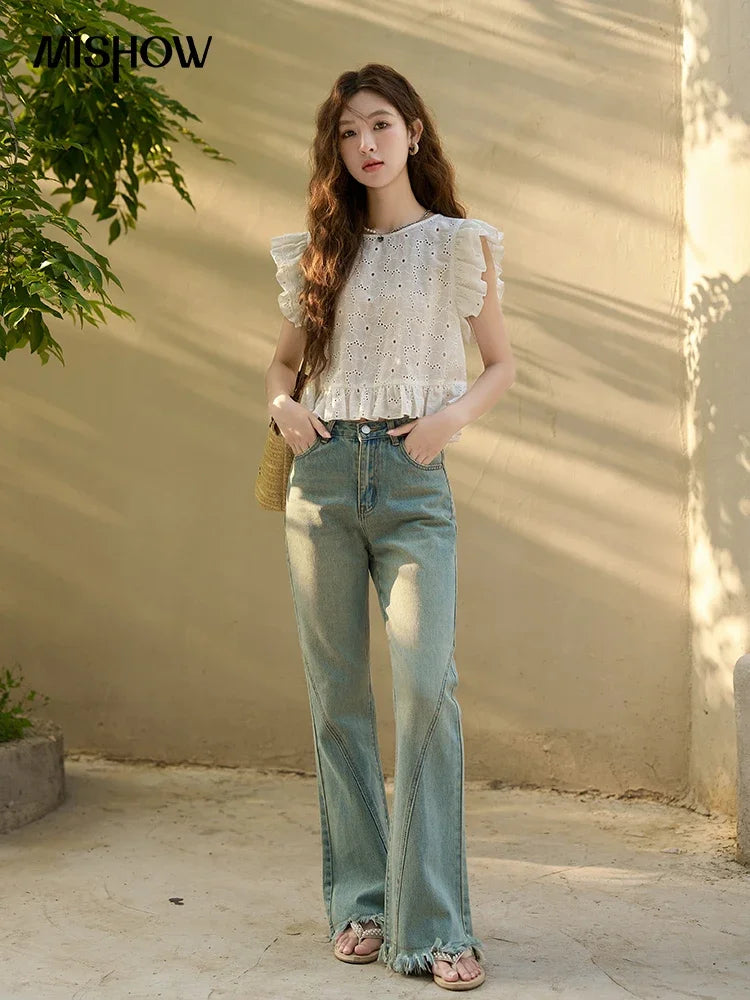 Flare Jeans for Women Retro Denim Blue Fashion Basic Straight High Waist Pockets Woman Full Length Pants MXC38K0108