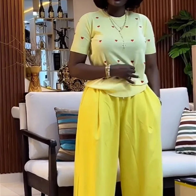 CM.YAYA Fashion Women's Set Love Short Sleeve T-shirt and Wide Leg Pants 2025 Summer Active Two 2 Piece Sets Outfit Tracksuit