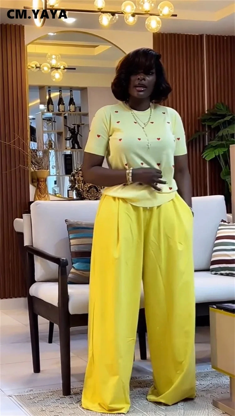 CM.YAYA Fashion Women's Set Love Short Sleeve T-shirt and Wide Leg Pants 2025 Summer Active Two 2 Piece Sets Outfit Tracksuit