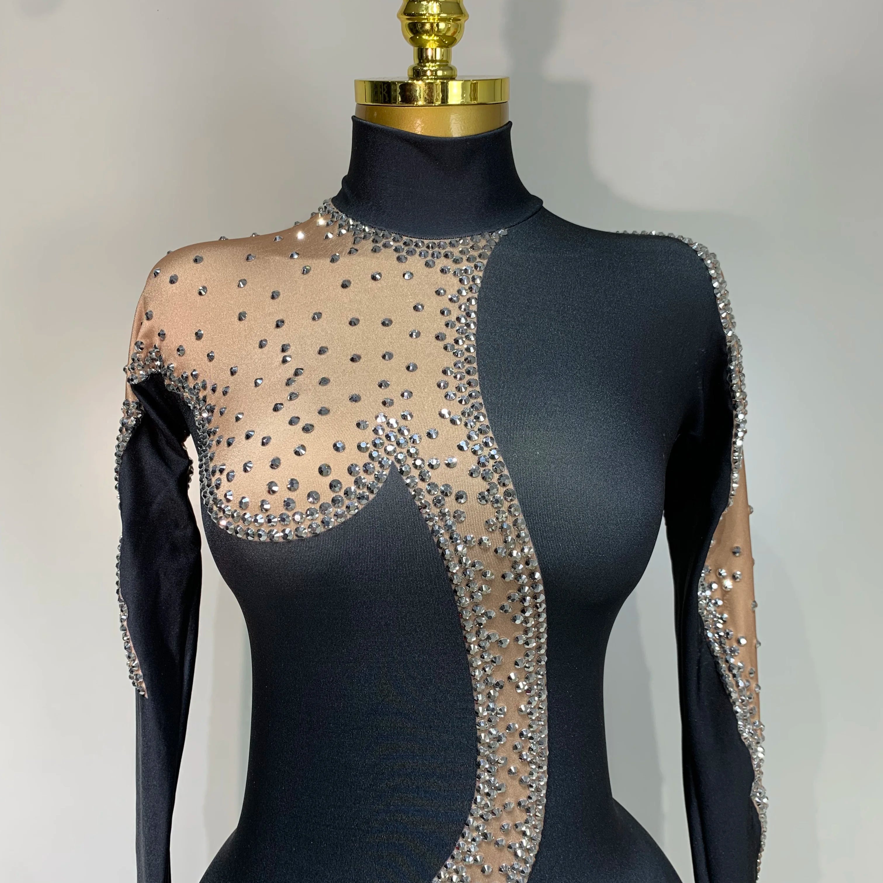Fashion Sparkly Rhinestone Bodycon Bodysuit Female Singer Dancer Stage Perform Outfit Luxury Birthday Club Drag Queen Costume