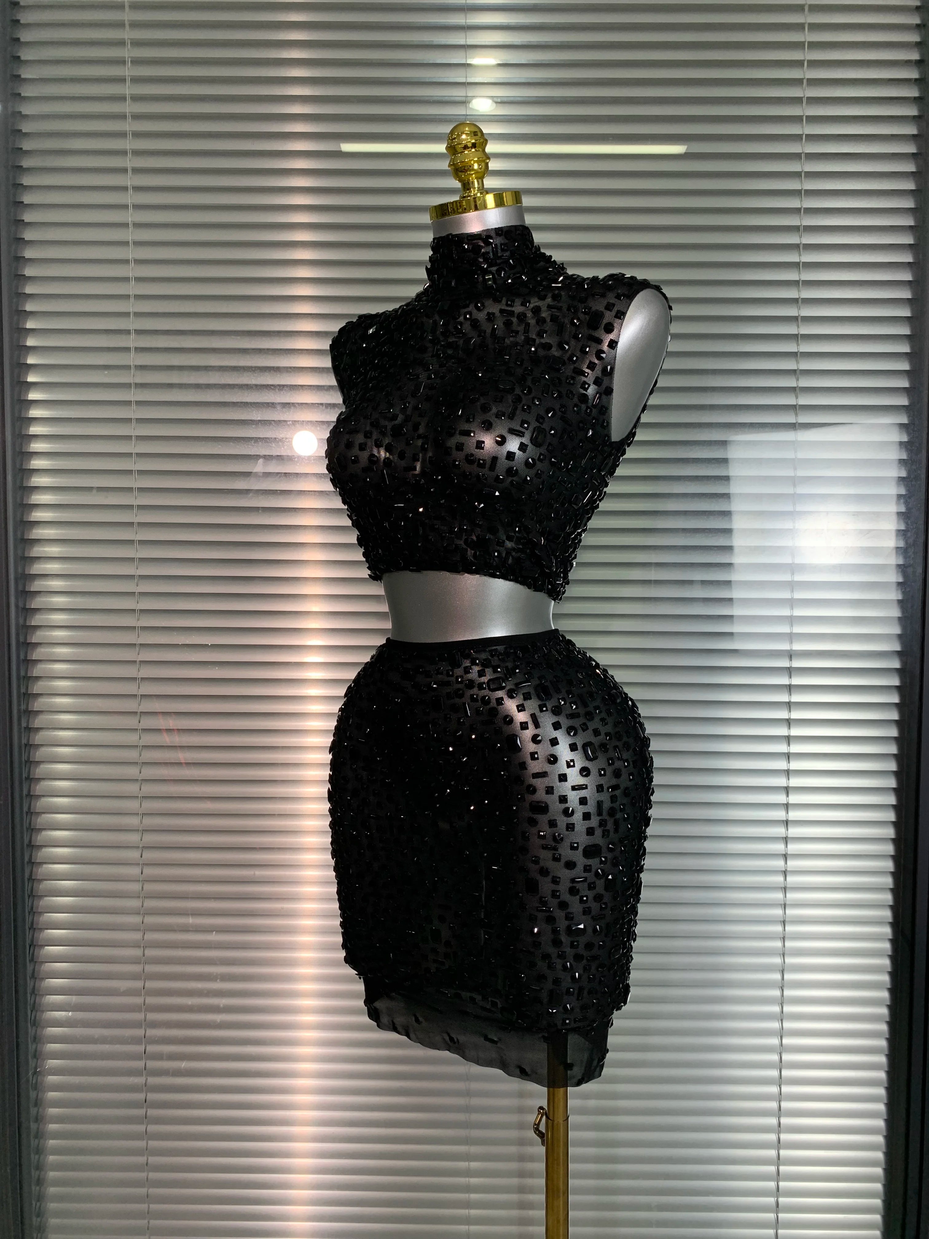 Women Sexy Two Pieces Set Women Black Crystal Diamond Night Club Skirt Suits Singer Dancer See Through Stage Performance Costume