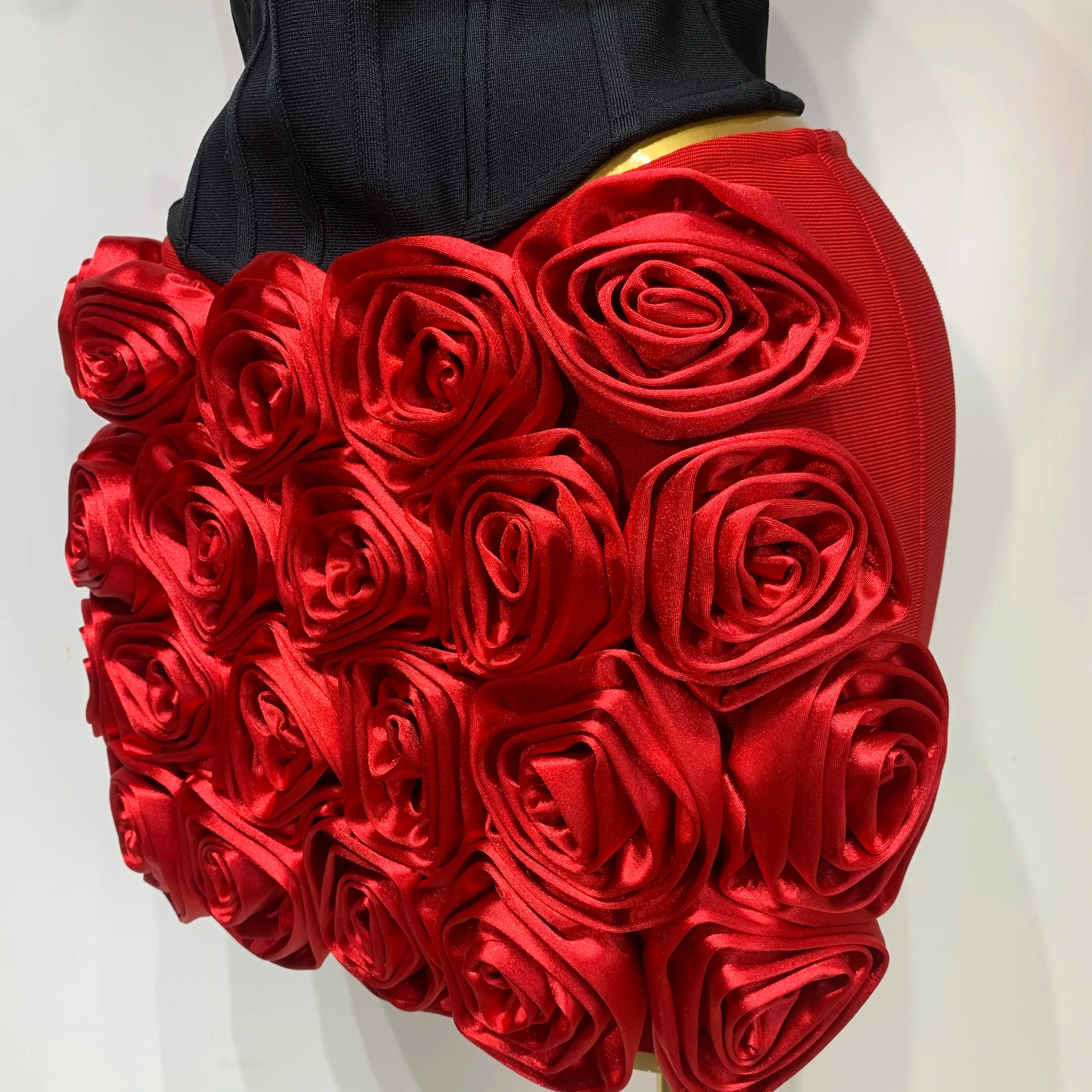 Women Fashion Strapless Red Flower Mini Two Pieces Skirt Bandage Set Celebrity Designer Fashion Stage Show Evening Party Outfit