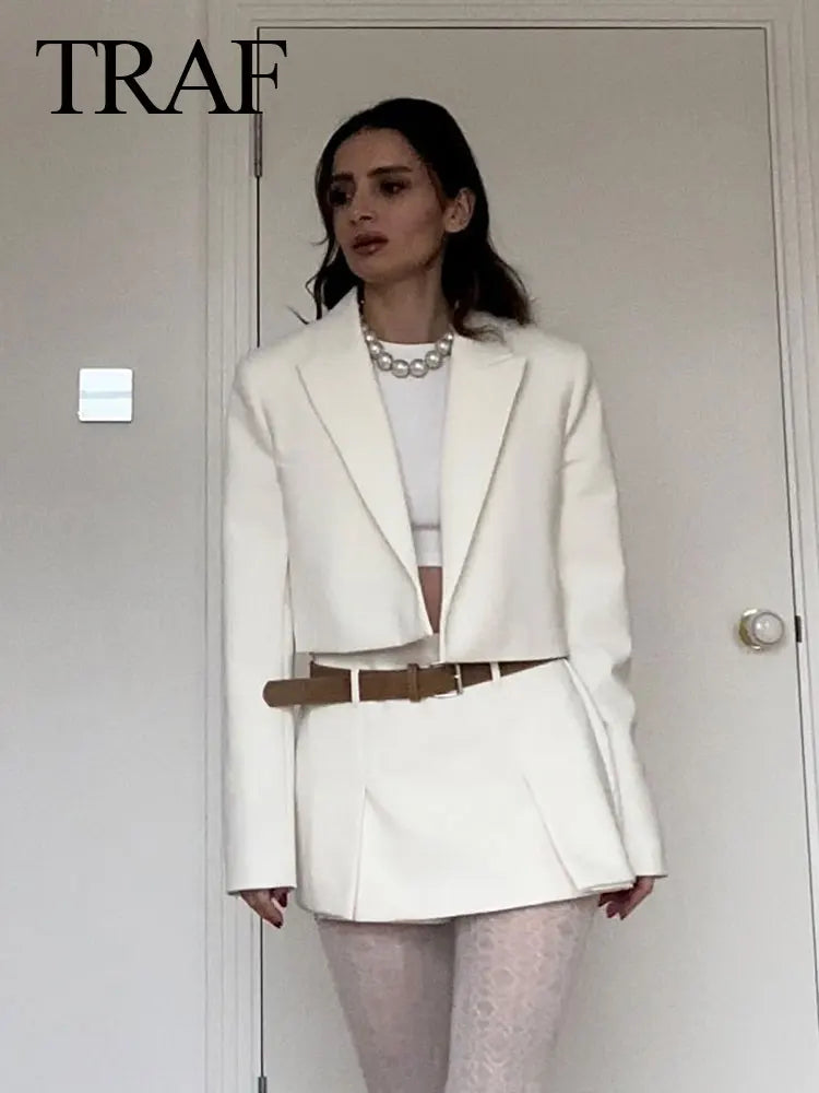 TRAF Spring Women's Solid Beige Blazer Suit Long Sleeves Cropped Blazer+High Waist With Belt A-Line Culottes Elegant Sets