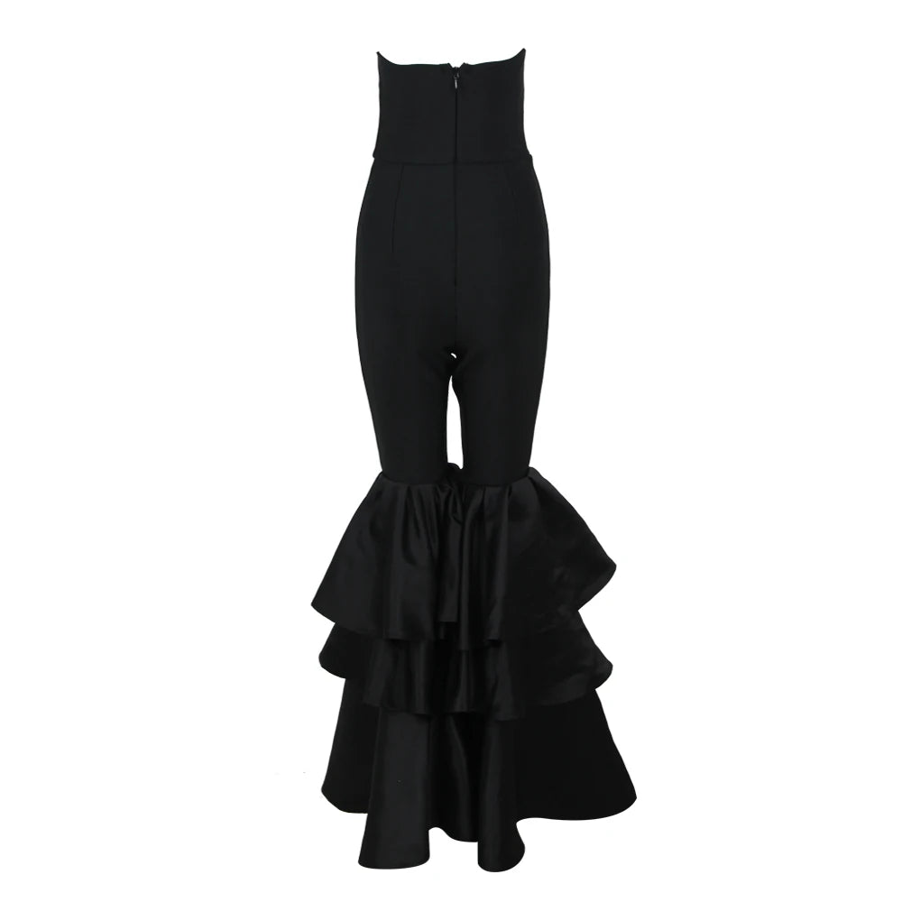 Macacão feminino sexy sem alças e com babados, cor preta, estilo bandagem, moda festa noturna, coquetel