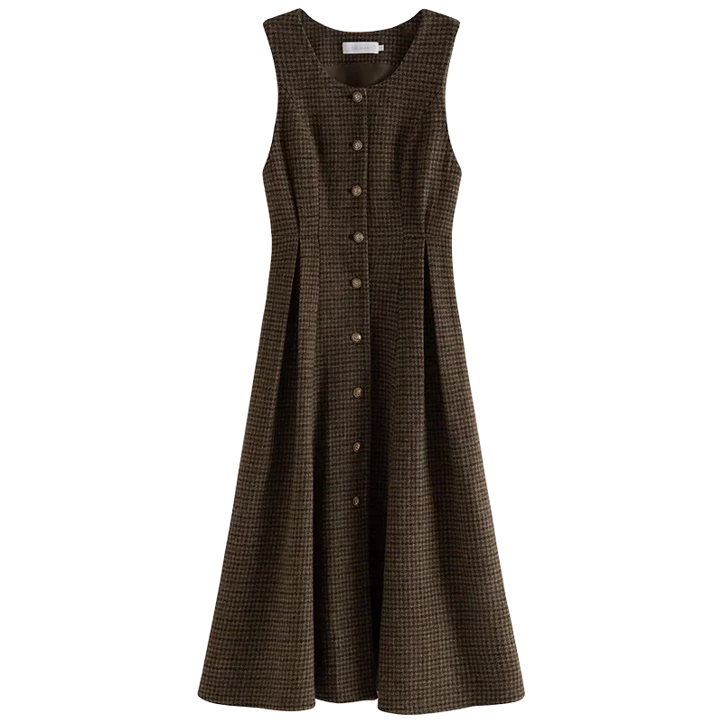 French Retro Plaid Inner Dress for Women Autumn and Winter Pure Woolen Elegant Style Vest Dress Female 100 Wool