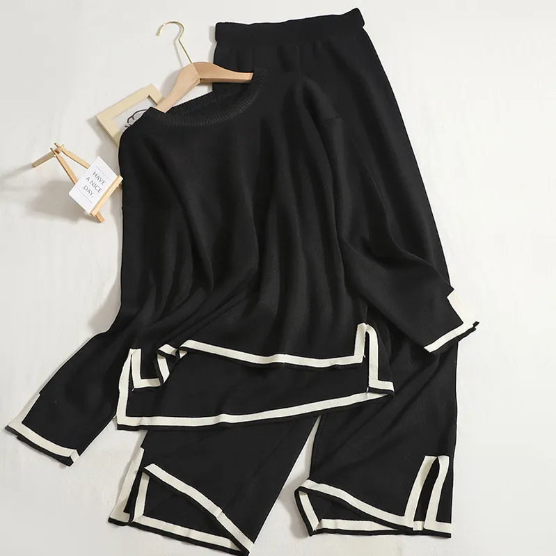 Autumn Winter O-neck Long Sleeve Side Slit Pullover Sweater+high Waist Wide Leg Pants Two Piece Set Women Casual Tracksuit black