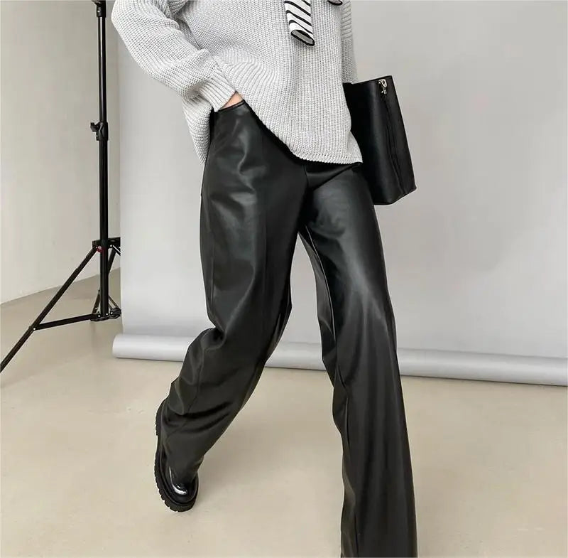 Autumn Winter Loose Straight Leather Pants Women High Waisted Faux Leather Trousers Female Vintage Black Pants 23136-black