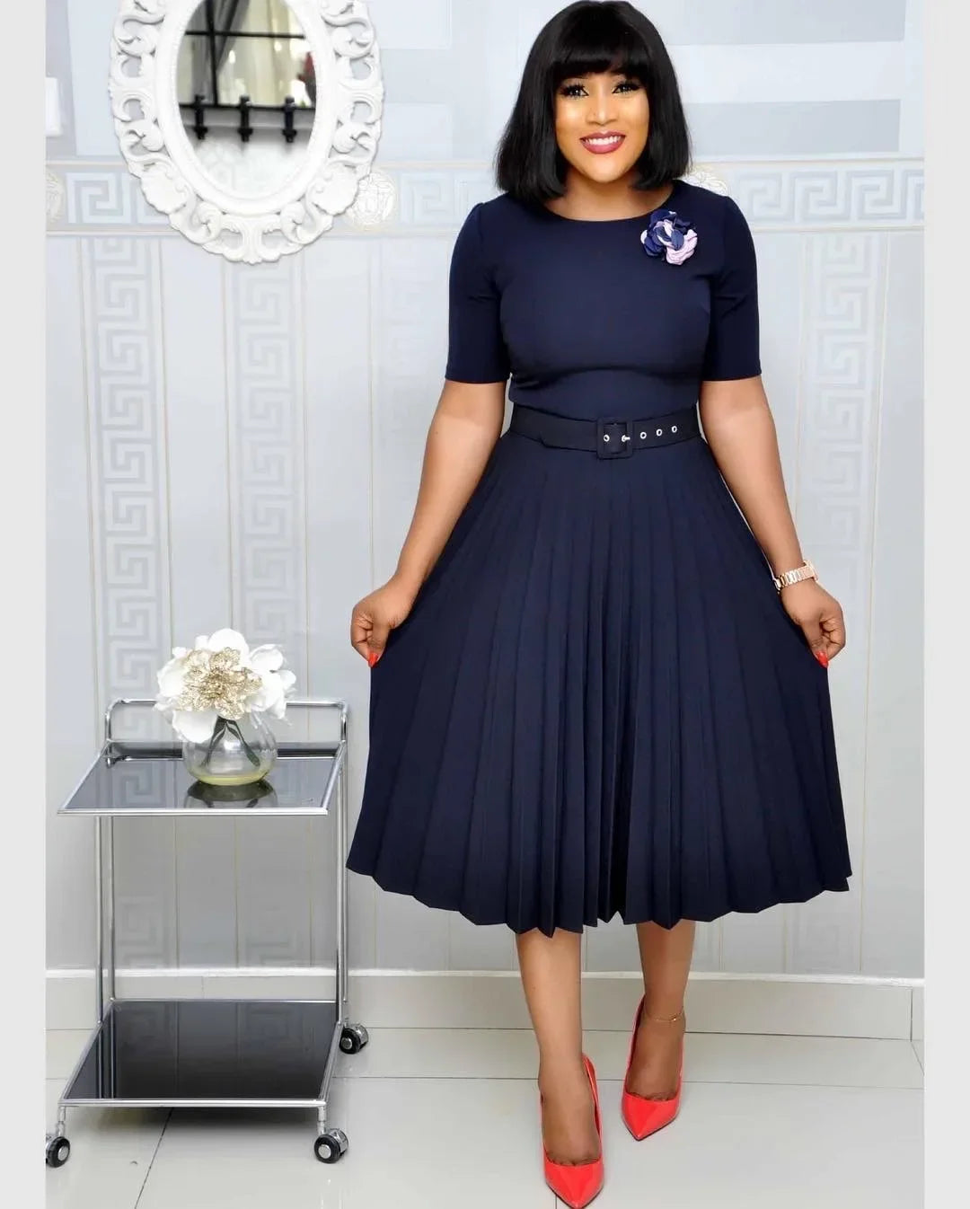 CM.YAYA Summer Midi Pleated Dress Short Sleeve Office Lady Africa Sashes Women High Waist Elegant Dresses Vestidos
