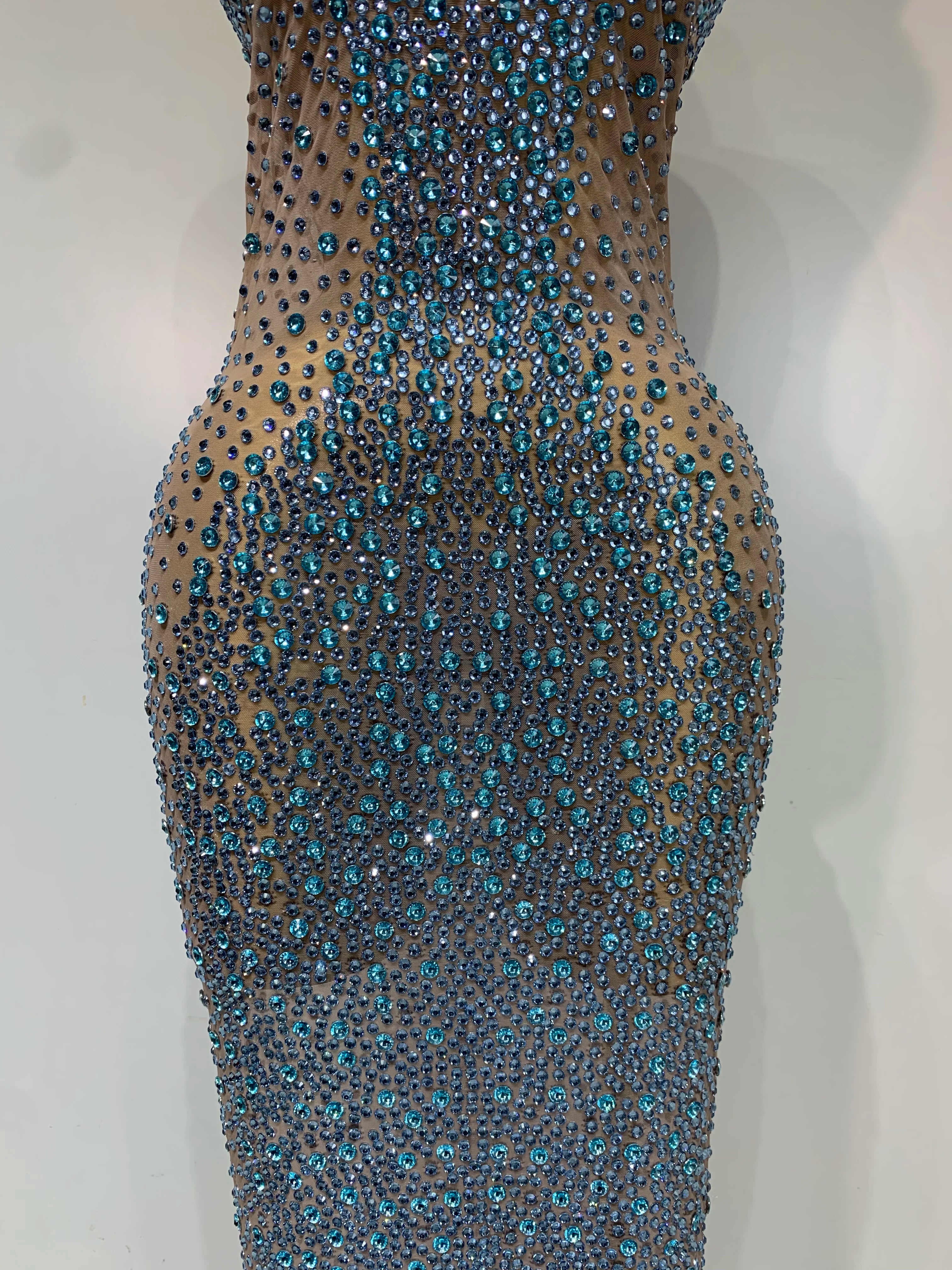 Sparkly Rhinestones Sleeveless Dress Sexy Mesh Transparent Celebrate Evening Wedding Prom Luxury Birthday Dresses Stage Outfit