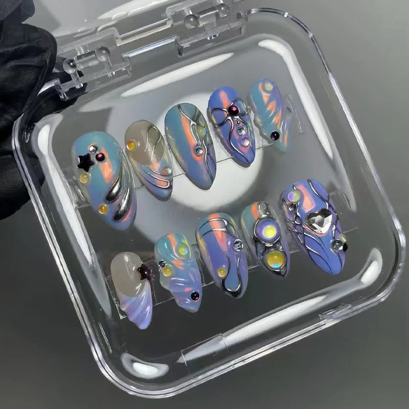 24Pcs Mid-length Almond False Nails Press on 3D Butterfly Pearl Bow Design Fake Nails Rhinestone Wearable Full Cover Nails Tips