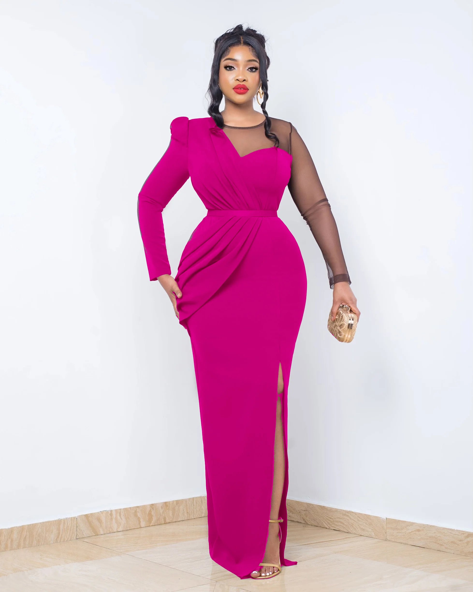 Spring Sexy Elegant Mesh Party Dress Women Fashion OL Slim Mesh Long Sleeve Splice Long Wedding Evening Dress Women Rose Red