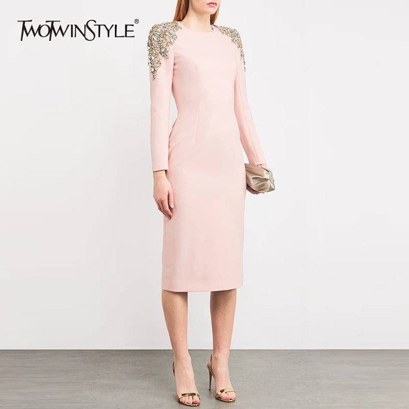 TWOTWINSTYLE Solid Slimming Elegant Dresses for Women Round Neck Long Sleeves Patchwork Bead Temperament Dress Female Clothing