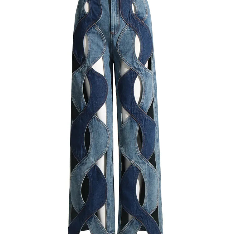 Spring Hollow Out Jeans For Women High Waist Patchwork Zipper Casual Wide Leg Pants Female Fashion Clothing New