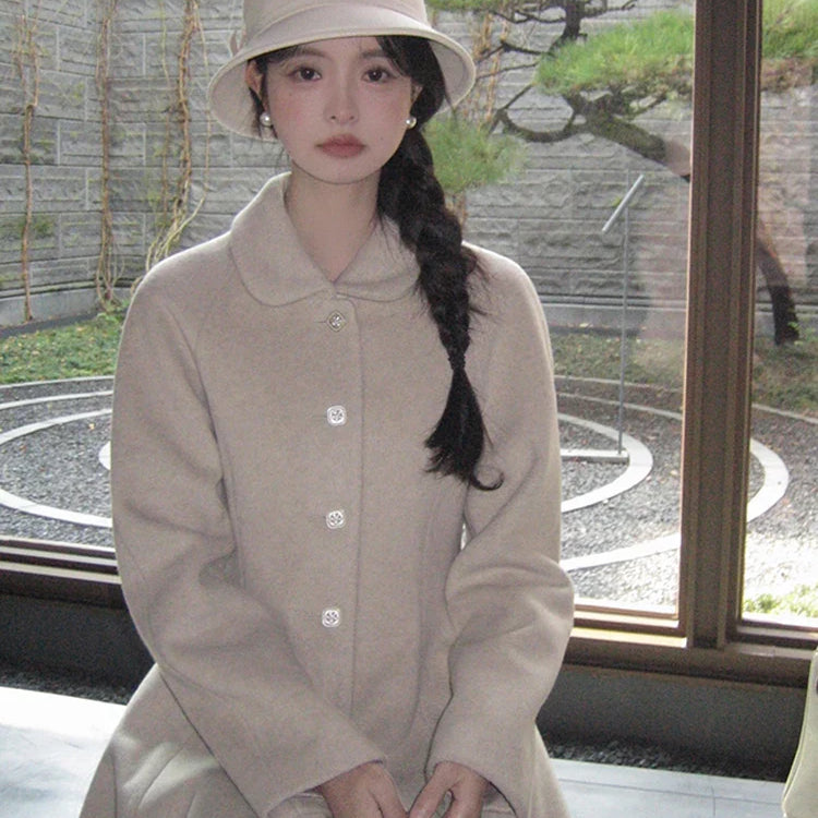 Winter Long Wool & blends Coat for Women Chic Luxury Elegant High Quality Womans Clothing Skirted Woolen Overcoat 2024