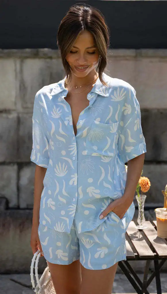 Printed Shirts Shorts Suit Female Holiday Casual Short Sleeve Loose Pocket Top Women Two Pieces Set Summer Elegant Outfits