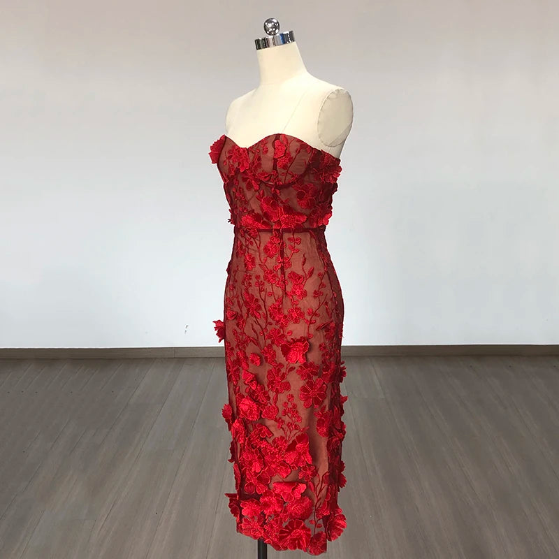 Red Color Women Strapless Embroidery Flowers Bodycon Midi Bandage Dress Fashion Celebrate Birthday Evening Party Dress