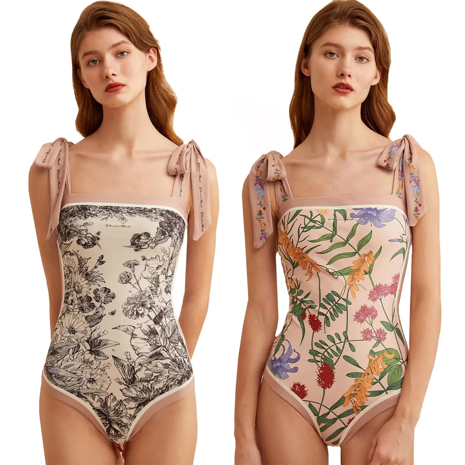 Y2K Fashion Women Floral One Piece Swimsuits Reversible Tie Shoulder Monokini Tummy Control Bathing Suits Square Neck Swimwear Pink