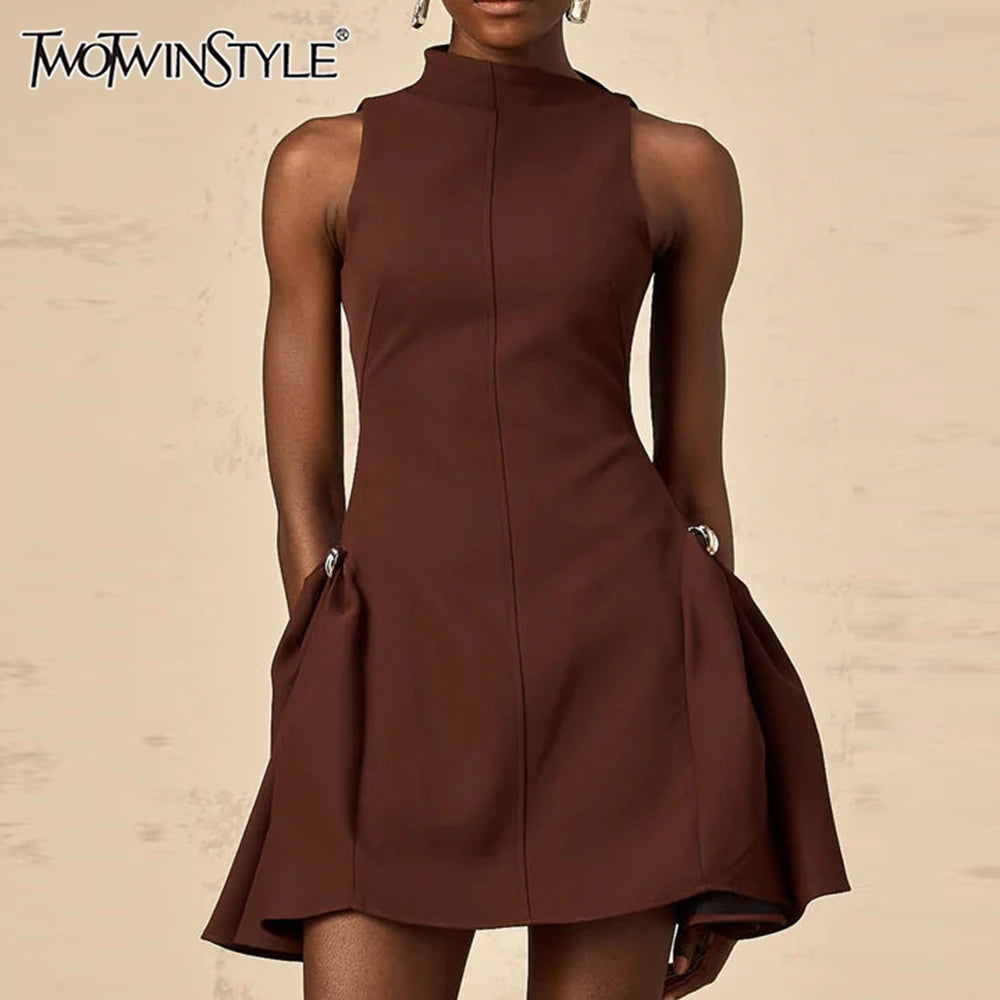 TWOTWINSTYLE Solid Slimming Elegant Mini Dresses for Women Round Neck Sleeveless Patchwork Folds Tunic Dress Female Clothing New