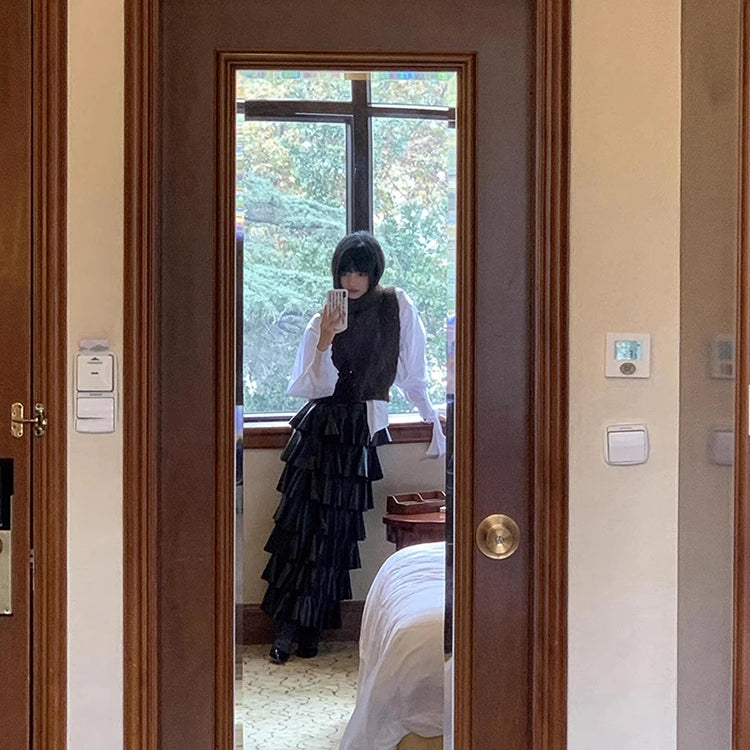 Spring Autumn Black Pu Leather Midi Tiered Skirt Women with Elastic High Waist Long Elegant Luxury Designer Clothes