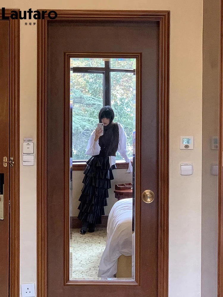 Spring Autumn Black Pu Leather Midi Tiered Skirt Women with Elastic High Waist Long Elegant Luxury Designer Clothes