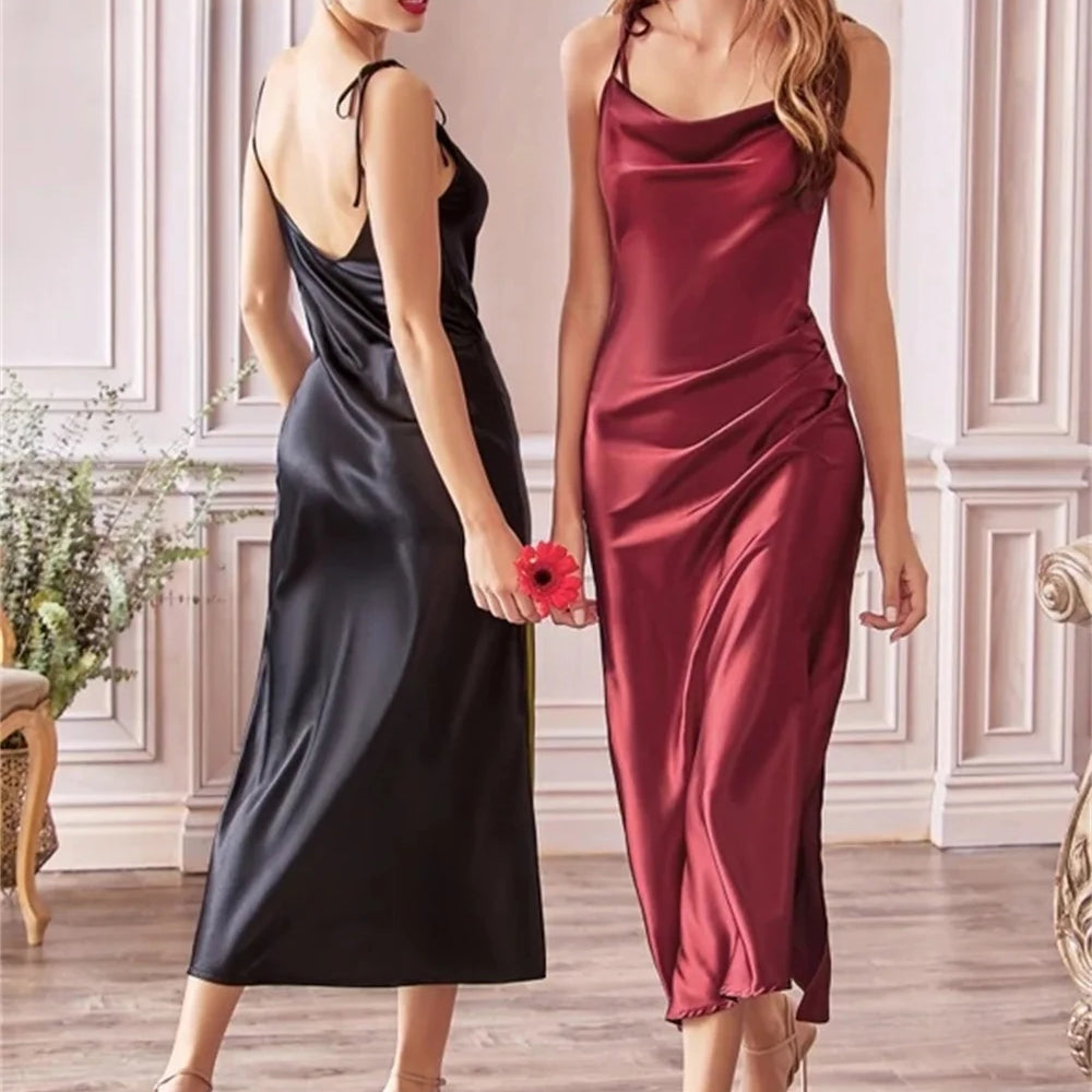 Sage Green Cowl Neck Tie Straps Satin Summer Beach Midi Women Dress Sexy Slit Short Evening Party Dresses for Bridesmaid