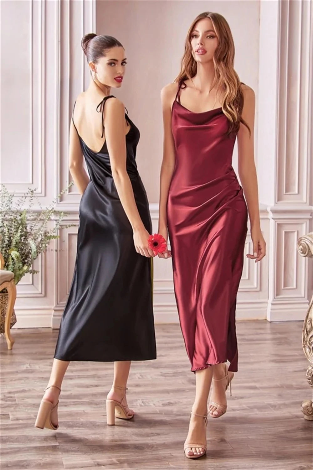 Sage Green Cowl Neck Tie Straps Satin Summer Beach Midi Women Dress Sexy Slit Short Evening Party Dresses for Bridesmaid