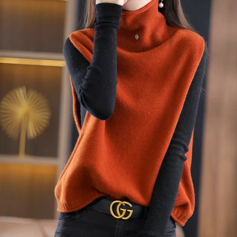 2023 100% Pure Wool Turtleneck Waistcoat Women's Knitted Vest New Autumn And Winter Sleeveless Top Sweater JQ137 caramel