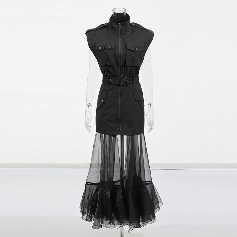 TWOTWINSTYLE Solid Sheer Spliced Mesh Folds Dress for Women Round Neck Sleeveless Patchwork Zipper elegant Dress Female Fashion