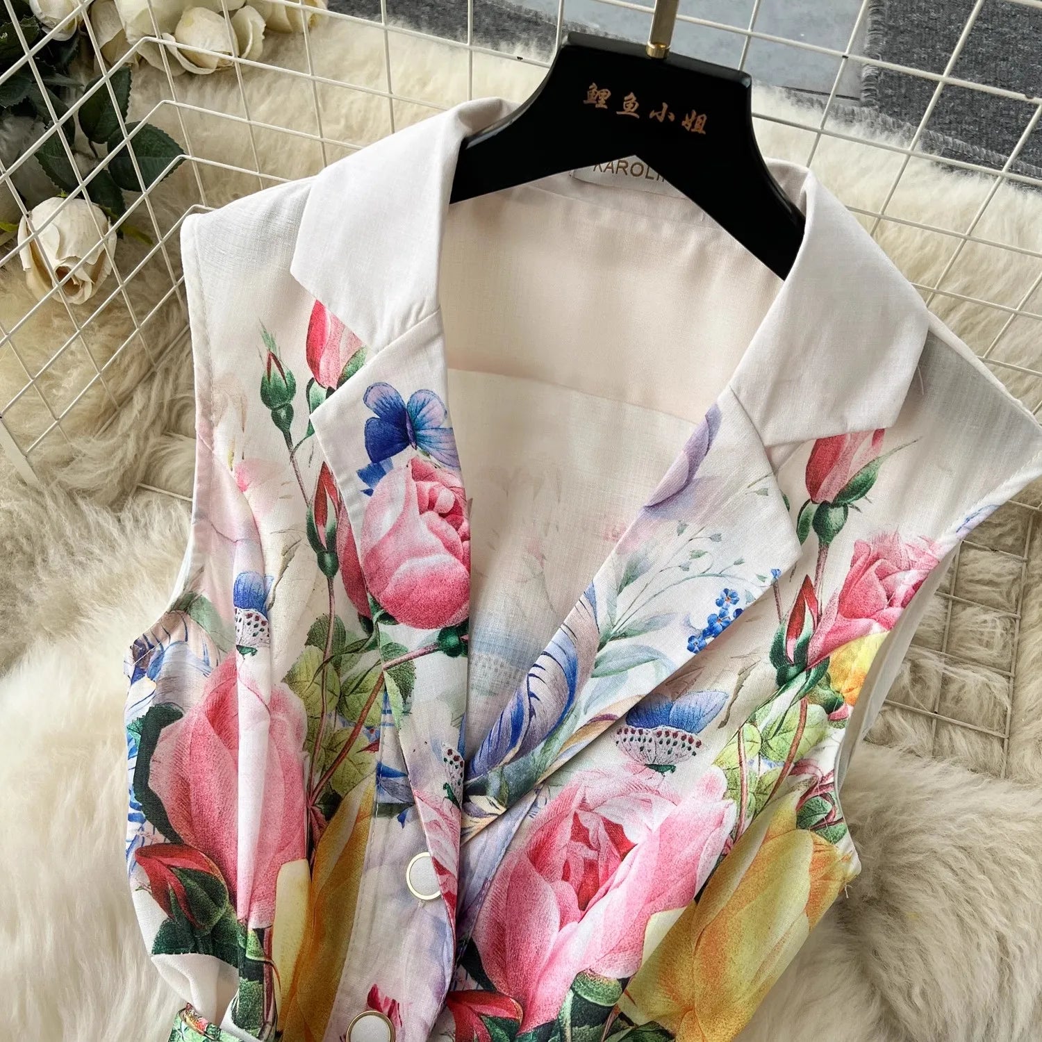 2024 Summer Holiday Beach Dress Women's Notched Collar Sleeveless Single Breasted Floral Print Belt Long Boho Party Vestido 6389