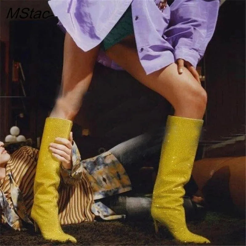 Rhinestone Women's High Boots Pointed Toe Slip-on Long Boots Women Boots High Heels Sexy Stiletto Ladies Party Shoes