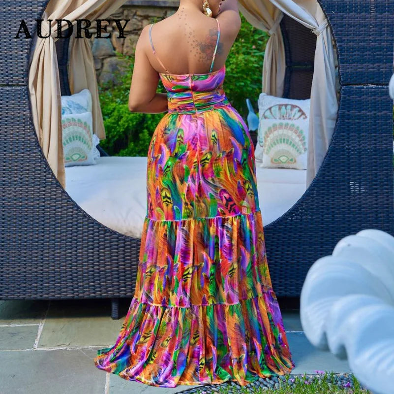 Elegant Sling Plus Size Dress Sexy Printing Fashion Backless Boho Beach Mixi Dress Robe Femme Ete Leisure Vacation Vestidos