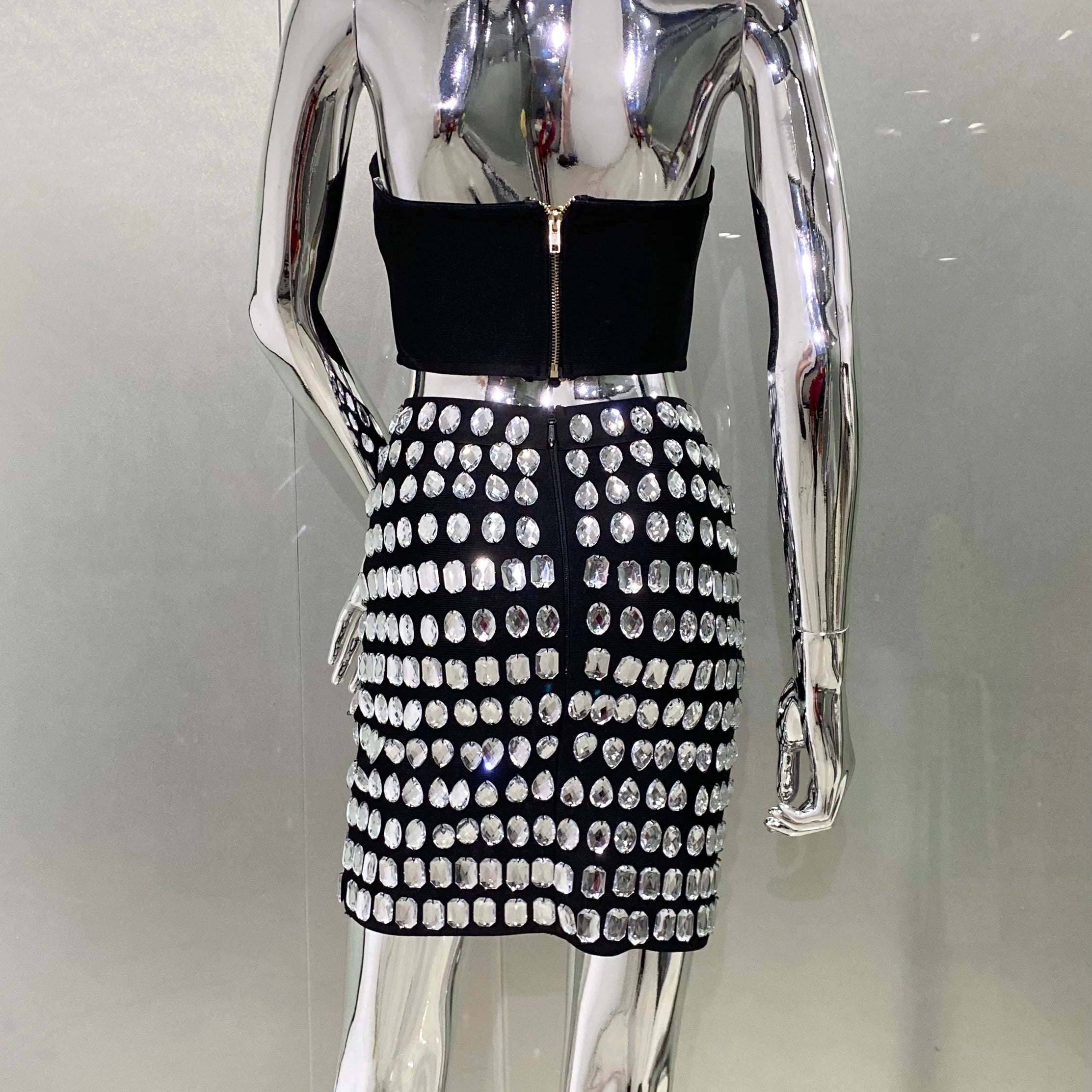 High Quality Sexy Deep V-Neck Strapless Top And Sparkling Diamonds Mini Skirt 2 Pieces Woman Set Birthday Party Vestido