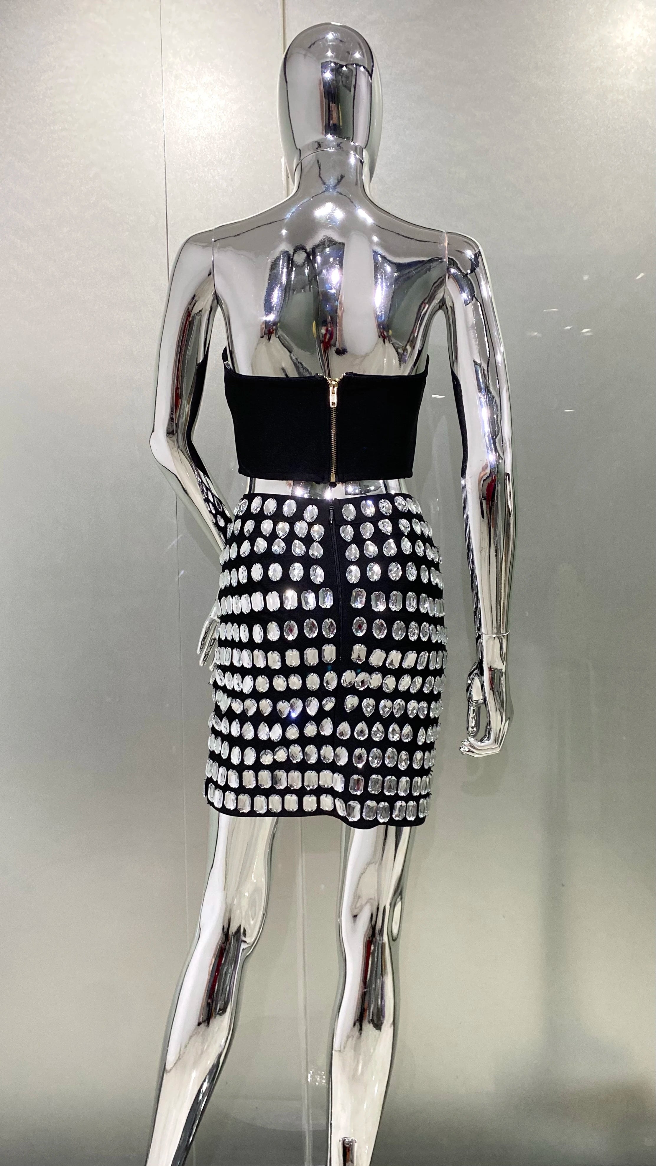 High Quality Sexy Deep V-Neck Strapless Top And Sparkling Diamonds Mini Skirt 2 Pieces Woman Set Birthday Party Vestido