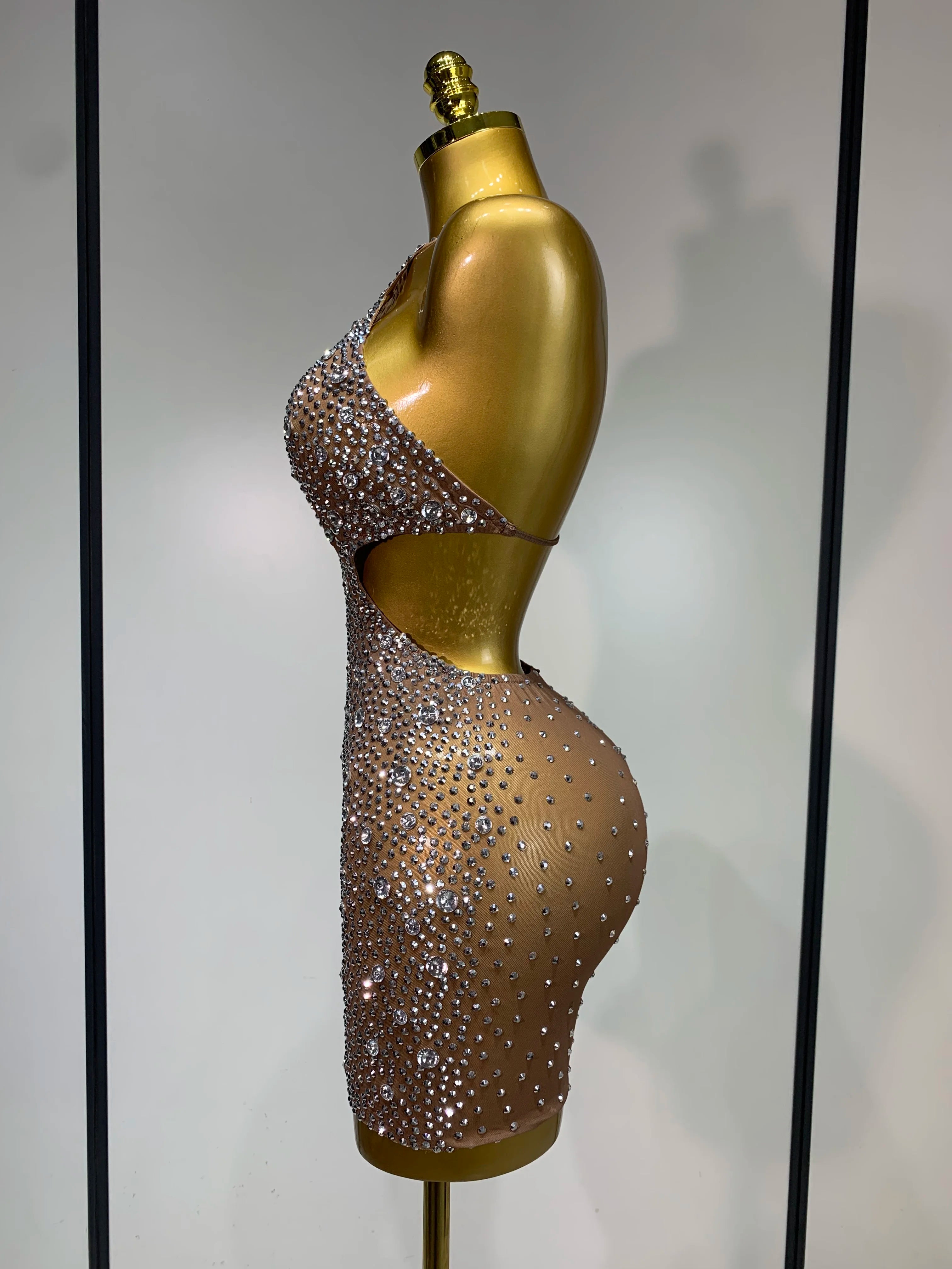 Women Sexy Mesh See Through One Shoulder Luxury Rhinestones Stage Costume Singer Dancer Nightclub Evening Party Birthday Dresses