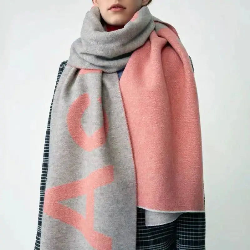 Winter Thickened Letter Shawl for Women Thermal Warm Resistant Wool Scarf Outdoor Fashion Versatile Windproof Women Accessories AC Letter -Pink Grey 70X210