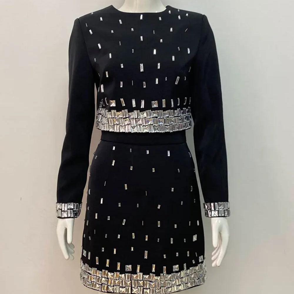 2025 Women's Wear Heavy Industry Beaded Design Mini Skirt Sets Standing Neck Long sleeved Short Top+Short Skirt Two piece Set
